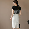 H Han Queen Summer Work 2 Pieces Set Womens Stripe Short Sleeve Blouses & Sheath Pencil Bodycon Skirt Elegant Casual Skirt Suit