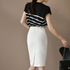 H Han Queen Summer Work 2 Pieces Set Womens Stripe Short Sleeve Blouses & Sheath Pencil Bodycon Skirt Elegant Casual Skirt Suit