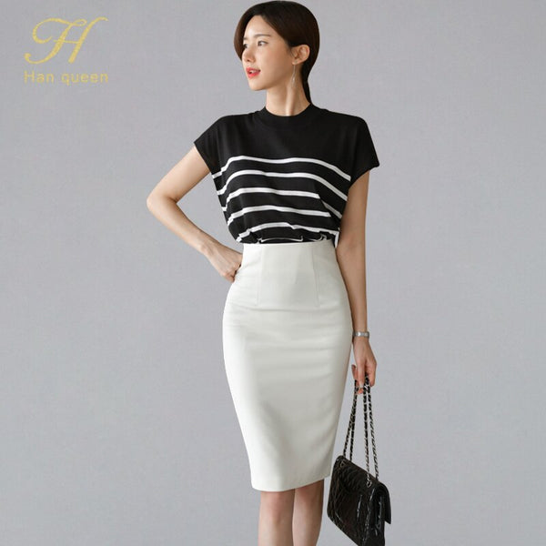 H Han Queen Summer Work 2 Pieces Set Womens Stripe Short Sleeve Blouses & Sheath Pencil Bodycon Skirt Elegant Casual Skirt Suit