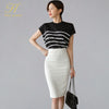 H Han Queen Summer Work 2 Pieces Set Womens Stripe Short Sleeve Blouses & Sheath Pencil Bodycon Skirt Elegant Casual Skirt Suit