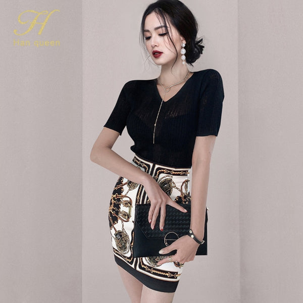H Han Queen Summer Work 2 Pieces Set Womens V-neck knit Short Sleeve Blouses & Sheath Pencil Bodycon Skirt Casual Skirt Suit
