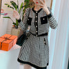 H Han Queen Vintage Plaid 2 Pieces Set Women Winter Cardigan Woolen Top And High Waist A-line Skirts Korean Office Lady Suit New