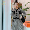H Han Queen Vintage Plaid 2 Pieces Set Women Winter Cardigan Woolen Top And High Waist A-line Skirts Korean Office Lady Suit New