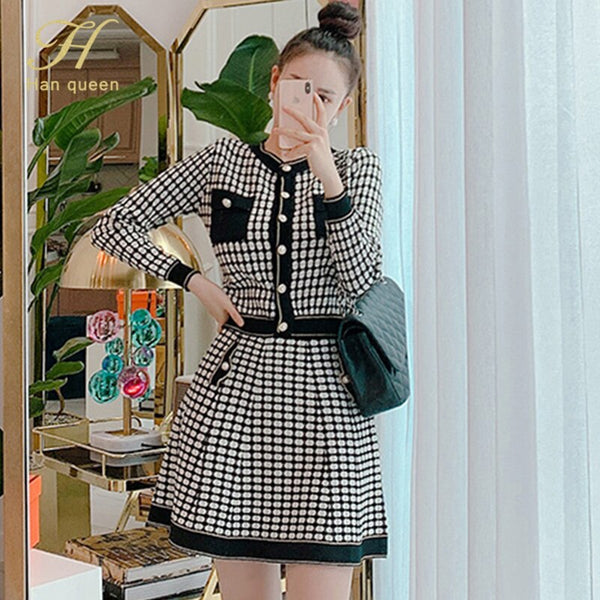 H Han Queen Vintage Plaid 2 Pieces Set Women Winter Cardigan Woolen Top And High Waist A-line Skirts Korean Office Lady Suit New