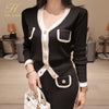 H Han Queen Winter Suit skirt V-neck Colorblock Single-breasted Cardigan Sweater Knitted 2 Pieces Suits Work Business Knit Set
