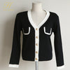 H Han Queen Winter Suit skirt V-neck Colorblock Single-breasted Cardigan Sweater Knitted 2 Pieces Suits Work Business Knit Set