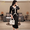 H Han Queen Winter Suit skirt V-neck Colorblock Single-breasted Cardigan Sweater Knitted 2 Pieces Suits Work Business Knit Set