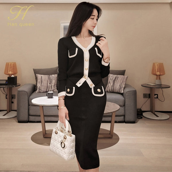 H Han Queen Winter Suit skirt V-neck Colorblock Single-breasted Cardigan Sweater Knitted 2 Pieces Suits Work Business Knit Set