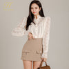 H Han Queen Women 2 Pieces Set Long Sleeve Lace Blouses + Pencil Skirt Korean Simple 2023 Autumn Casual Office Lady Skirt Suit