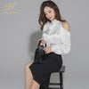 H Han Queen Women 2022 Autumn Work 2 Pieces Set Off The ShoulderBlouses & Split Sheath Pencil Skirt Korean Simple Skirt Suit