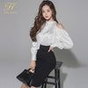 H Han Queen Women 2022 Autumn Work 2 Pieces Set Off The ShoulderBlouses & Split Sheath Pencil Skirt Korean Simple Skirt Suit