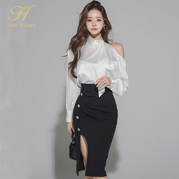 H Han Queen Women 2022 Autumn Work 2 Pieces Set Off The ShoulderBlouses & Split Sheath Pencil Skirt Korean Simple Skirt Suit