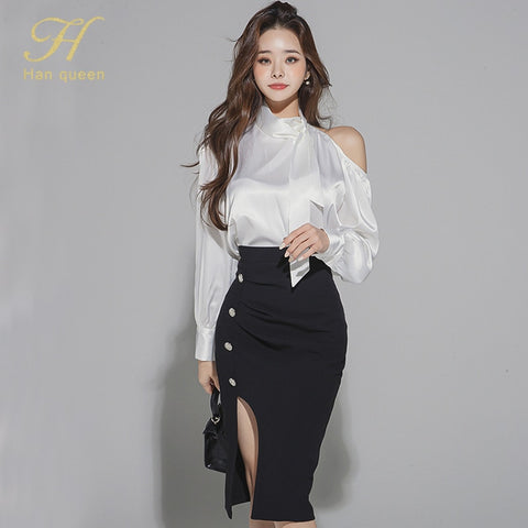 H Han Queen Women 2022 Autumn Work 2 Pieces Set Off The ShoulderBlouses & Split Sheath Pencil Skirt Korean Simple Skirt Suit