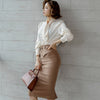 H Han Queen Women 2022 Spring Sexy OL Work  2 Pieces Set Lace up Chiffon Blouses & Sheath Pencil Skirt Office Lady Skirts Suits