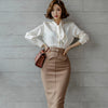 H Han Queen Women 2022 Spring Sexy OL Work  2 Pieces Set Lace up Chiffon Blouses & Sheath Pencil Skirt Office Lady Skirts Suits