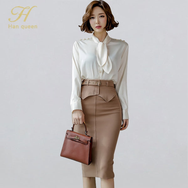 H Han Queen Women 2022 Spring Sexy OL Work  2 Pieces Set Lace up Chiffon Blouses & Sheath Pencil Skirt Office Lady Skirts Suits