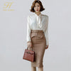 H Han Queen Women 2022 Spring Sexy OL Work  2 Pieces Set Lace up Chiffon Blouses & Sheath Pencil Skirt Office Lady Skirts Suits