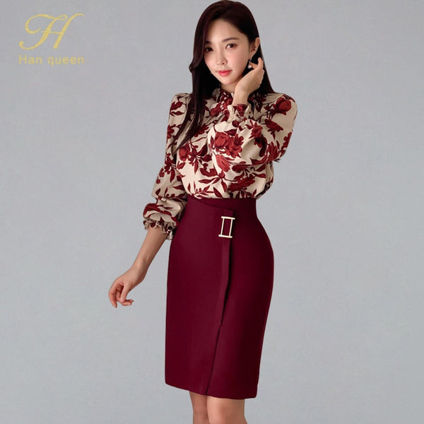 H Han Queen Women 2022 Spring Sexy Print Casual OL Work Wear 2 Pieces Set Sheath Pencil Bodycon Suit skirt