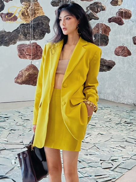 H Han Queen Women 2023 Autumn Office Lady 2 Pieces Set Single-Breasted blazer + High Waist Pencil Skirt Korean Simple Skirt Suit