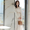 H Han Queen Women Autumn High Waist Sheath Mermaid Suit skirt Work 2 Pieces Set Korean Double-breasted Chiffon White Simple Sets