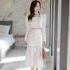 H Han Queen Women Autumn High Waist Sheath Mermaid Suit skirt Work 2 Pieces Set Korean Double-breasted Chiffon White Simple Sets