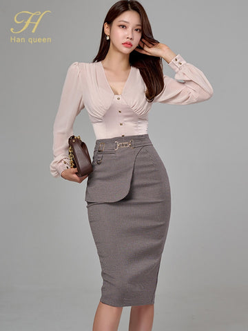 H Han Queen Women Autumn Profession 2 Pieces Set V-Neck Blouses + Vintage Mid-Calf Pencil Skirt Korean Simple Casual Skirt Suit