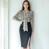 H Han Queen Women Autumn Skirt Suit Sexy OL Work 2 Pieces Set V-neck Snakeskin Pattern Blouses & Sheath Pencil Bodycon Skirt