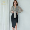 H Han Queen Women Autumn Skirt Suit Sexy OL Work 2 Pieces Set V-neck Snakeskin Pattern Blouses & Sheath Pencil Bodycon Skirt
