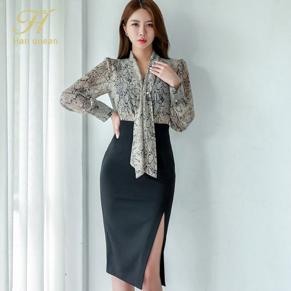 H Han Queen Women Autumn Skirt Suit Sexy OL Work 2 Pieces Set V-neck Snakeskin Pattern Blouses & Sheath Pencil Bodycon Skirt