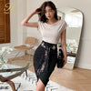 H Han Queen Women Elegant 2 Pieces Set Simple T-Shirts Tops & Irregular Sheath Pencil Skirt Korean Simple Skirt Suit