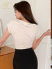 H Han Queen Women Elegant 2 Pieces Set Simple T-Shirts Tops & Irregular Sheath Pencil Skirt Korean Simple Skirt Suit