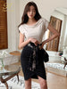 H Han Queen Women Elegant 2 Pieces Set Simple T-Shirts Tops & Irregular Sheath Pencil Skirt Korean Simple Skirt Suit