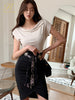 H Han Queen Women Elegant 2 Pieces Set Simple T-Shirts Tops & Irregular Sheath Pencil Skirt Korean Simple Skirt Suit