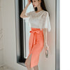 H Han Queen Women OL Work Wear 2 Pieces Set  Sexy White Lace Blouses & Lace-up Sheath Pencil Bodycon Skirt Korean Skirt Suit