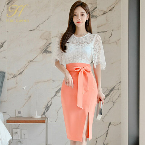 H Han Queen Women OL Work Wear 2 Pieces Set  Sexy White Lace Blouses & Lace-up Sheath Pencil Bodycon Skirt Korean Skirt Suit