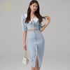 H Han Queen Women Set Summer Work 2 Pieces Set V-Neck Short Tops & Split Sheath Pencil Skirt Simple Single-Breasted Skirt Suit