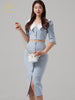 H Han Queen Women Set Summer Work 2 Pieces Set V-Neck Short Tops & Split Sheath Pencil Skirt Simple Single-Breasted Skirt Suit