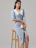 H Han Queen Women Set Summer Work 2 Pieces Set V-Neck Short Tops & Split Sheath Pencil Skirt Simple Single-Breasted Skirt Suit