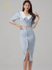 H Han Queen Women Set Summer Work 2 Pieces Set V-Neck Short Tops & Split Sheath Pencil Skirt Simple Single-Breasted Skirt Suit
