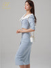 H Han Queen Women Set Summer Work 2 Pieces Set V-Neck Short Tops & Split Sheath Pencil Skirt Simple Single-Breasted Skirt Suit