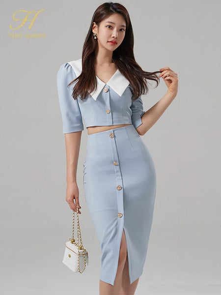 H Han Queen Women Set Summer Work 2 Pieces Set V-Neck Short Tops & Split Sheath Pencil Skirt Simple Single-Breasted Skirt Suit