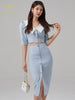 H Han Queen Women Set Summer Work 2 Pieces Set V-Neck Short Tops & Split Sheath Pencil Skirt Simple Single-Breasted Skirt Suit