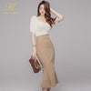 H Han Queen Women Spring 2 Pieces Set Sexy Tube Top Ruffled Shirts And High Waist Sheath Mermaid Skirts Office Lady Skirt Suit