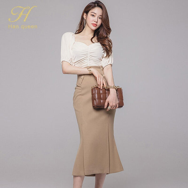 H Han Queen Women Spring 2 Pieces Set Sexy Tube Top Ruffled Shirts And High Waist Sheath Mermaid Skirts Office Lady Skirt Suit