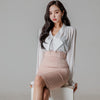 H Han Queen Women Spring Autumn Work  2 Pieces Set Bow V-Neck Blouses & High Waist Sheath Pencil Bodycon Skirt Office Lady Suit