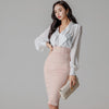 H Han Queen Women Spring Autumn Work  2 Pieces Set Bow V-Neck Blouses & High Waist Sheath Pencil Bodycon Skirt Office Lady Suit