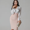 H Han Queen Women Spring Autumn Work  2 Pieces Set Bow V-Neck Blouses & High Waist Sheath Pencil Bodycon Skirt Office Lady Suit