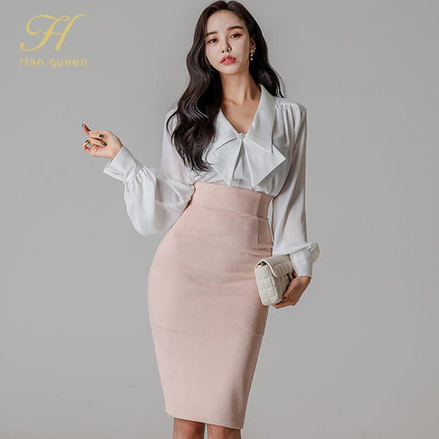 H Han Queen Women Spring Autumn Work  2 Pieces Set Bow V-Neck Blouses & High Waist Sheath Pencil Bodycon Skirt Office Lady Suit