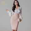 H Han Queen Women Spring Autumn Work  2 Pieces Set Bow V-Neck Blouses & High Waist Sheath Pencil Bodycon Skirt Office Lady Suit