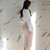 H Han Queen Women Spring Work 2 Pieces Set White Shirt Blouses & Slim Mid Sheath Pencil Bodycon Skirt Korean Skirt Suit